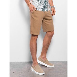 Ombre Men's knitted shorts with decorative elastic waistband - light brown