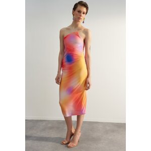 Trendyol Multicolored Printed Fitted Midi One Shoulder Stretchy Knitted Dress