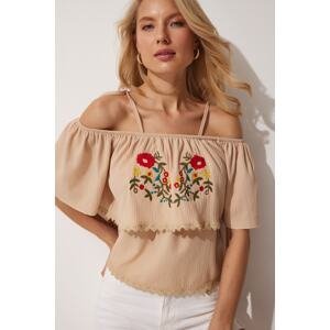 Happiness İstanbul Women's Biscuit Embroidered Strap Knitted Knitted Blouse