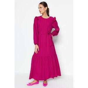 Trendyol Fuchsia Belted Viscose-Mixed Woven Dress with a Ruffled Trim around the shoulders.
