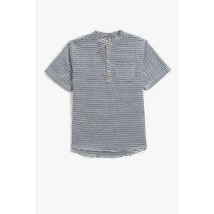 Koton Mandarin Collar T-Shirt Short Sleeved One Pocket Striped Cotton