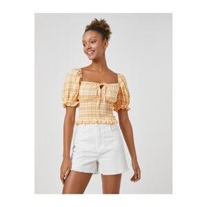 Koton Crop Blouse with Balloon Sleeves Gippe Detailed Square Neck.