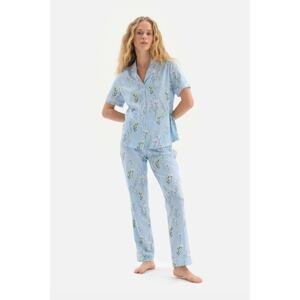 Dagi Light Blue Shirt Collar Floral Patterned Modal Pajamas Set