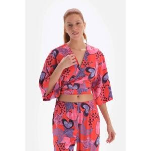 Dagi Pomegranate Blossom Double Breasted Neck Tie Satin Pajama Top