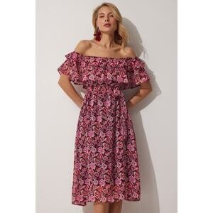 Happiness İstanbul Women's Dark Pink Carmen Collar Floral Summer Chiffon Dress