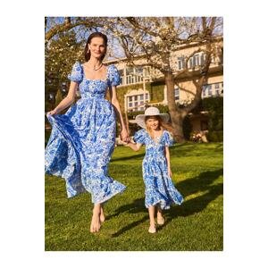 Koton Midi Floral Dress With Short Balloon Sleeves Square Neck Lined.