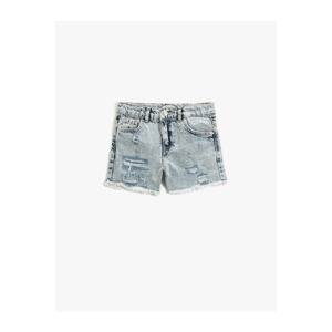 Koton Denim Shorts with Pockets, Frayed Detail, Tasseled Edges, Adjustable Elastic Waist