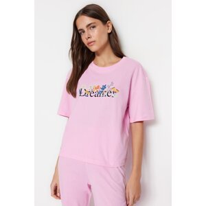 Trendyol Light Pink 100% Cotton Slogan Printed T-shirt-Pants Knitted Pajama Set