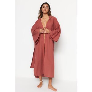 Trendyol Brown Belted Maxi-Weave Kimono & Kaftan 100% Cotton with a Woven Hoodie