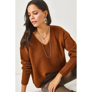 Olalook Women's Bitter Brown V-Neck Soft Textured Knitwear Sweater