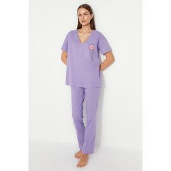 Trendyol Lilac 100% Cotton Printed, Pocket Detailed, Wide Fit T-shirt-Set Pants, Knitted Pajamas.
