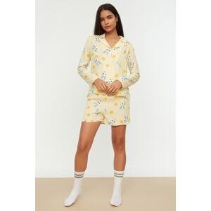 Trendyol Yellow Rabbit Printed Shirt-Shorts Woven Pajamas Set