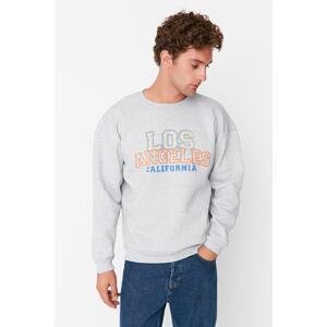 Trendyol Men's Gray Oversized/Wide Cut Crew Neck Printed Sweatshirt with Embroidery Fleece Internal