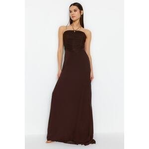 Trendyol Dark Brown Tulle Long Evening Evening Dress that Opens at the Waist/Skater Lined