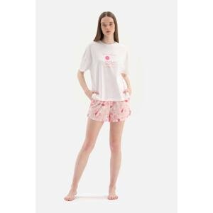 Dagi Off White Printed Cotton Shorts Pajamas Set