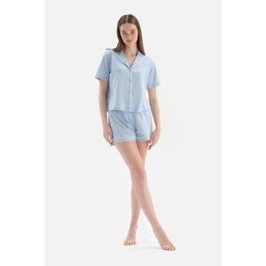 Dagi Light Blue Shirt Collar Print Detailed Cotton Shorts Pajama Set