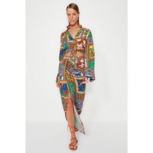Trendyol Tropical Patterned Woven Slit Blouse and Skirt Set