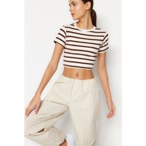 Trendyol Limited Edition Brown Ecru Striped Viscose Crop Crew Neck Stretchy Knitted Blouse
