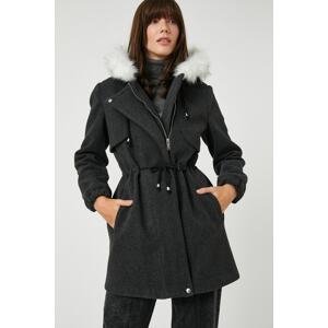 Koton Hooded Coat with Plush Detail and Tied Waist