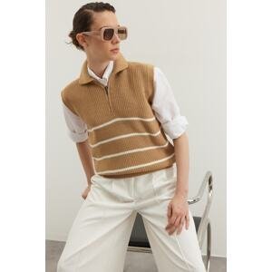 Trendyol Camel Zipper Striped Knitwear Sweater