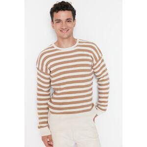 Trendyol Stone Men's Oversize Fit Wide Fit Crew Neck Striped Knitwear Sweater.