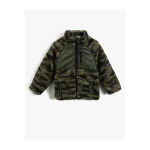 Koton Plush Jacket Camouflage Patterned Stand Up Collar With Pockets, Zip Closure
