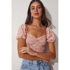 Happiness İstanbul Women's Pink Cream Floral Pleated Carmen Collar Crop Knit