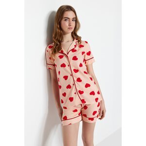Trendyol Salmon 100% Cotton Heart Patterned Piping Detailed Shirt-Shorts Knitted Pajama Set