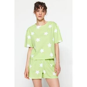Trendyol Light Green 100% Cotton Star Printed T-shirt-Shorts Knitted Pajamas Set