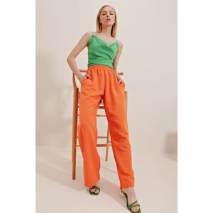 Trend Alaçatı Stili Women's Orange Linen Pants with Elastic Waist, Double Pocket Palazzo