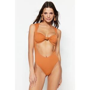 Trendyol Brown Strapless Knotted High Leg Swimsuit