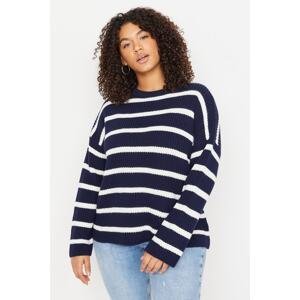 Trendyol Curve Navy Blue Striped Low Shoulder Knitwear Sweater