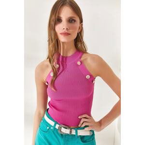 Olalook Women's Fuchsia Halterneck Button Detailed Crop Knitwear Blouse