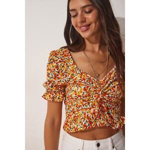 Happiness İstanbul Women's Orange Yellow Floral Pleated Crop Knitted Blouse