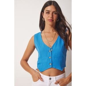 Happiness İstanbul Women's Blue V-Neck Linen Vest