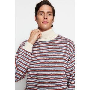 Trendyol Men's Ecru Oversize Fit Wide fit Turtleneck Striped Knitwear Sweater