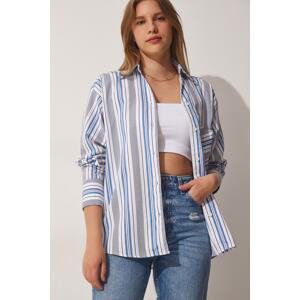 Happiness İstanbul Women's White Blue Striped Oversized Cotton Shirt