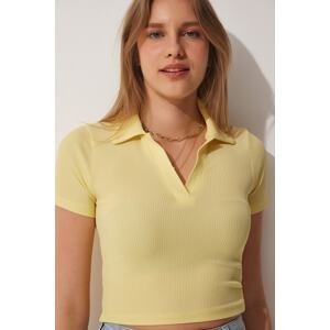 Happiness İstanbul Women's Yellow Polo Neck Corduroy Knitted Crop Blouse
