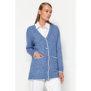 Trendyol Blue Melange Pocket Detailed Ecru Piping Soft Knitwear Cardigan