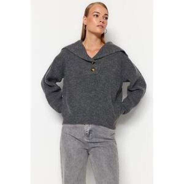 Trendyol Anthracite Wide Fit, Soft Textured Sailor Collar Knitwear Sweater
