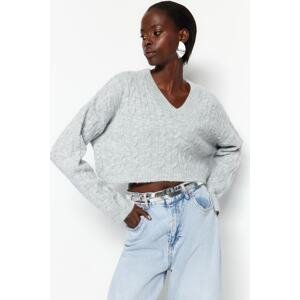 Trendyol Gray Super Crop Basic Soft Textured V-Neck Knitwear Sweater