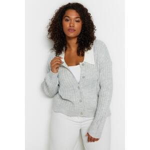Trendyol Curve Gray Melange Ribbed Collar Detailed Buttoned Knitwear Cardigan