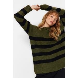 Trendyol Khaki Standing Neck Striped Knitwear Sweater