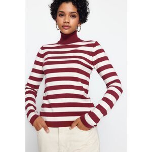 Trendyol Claret Red Premium/Special Thread Turtleneck Striped Knitwear Sweater