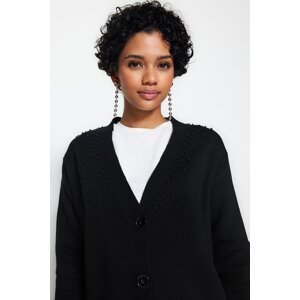 Trendyol Black Pearl Detailed V-Neck Knitwear Cardigan