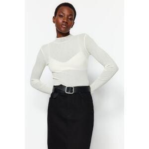 Trendyol Cream Fitted Special Textured Tulle Transparent High Collar Flexible Knitted Blouse
