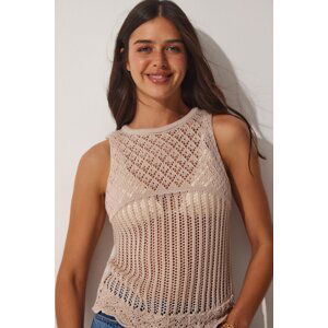 Happiness İstanbul Women's Beige Openwork Summer Knitwear Blouse