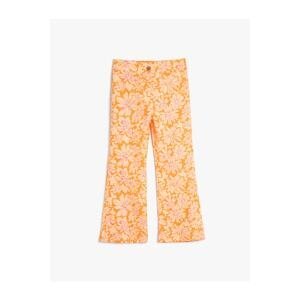 Koton Flared Leg Linen Trousers with Floral Legs Slit Detail