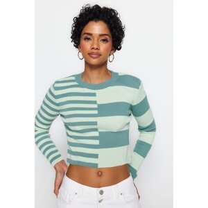 Trendyol Khaki Crop Striped Crewneck Knitwear Sweater