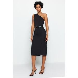 Trendyol Black Straight Straight Cut Slit Detail Midi Woven Skirt